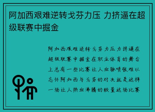 阿加西艰难逆转戈芬力压 力挤逼在超级联赛中掘金